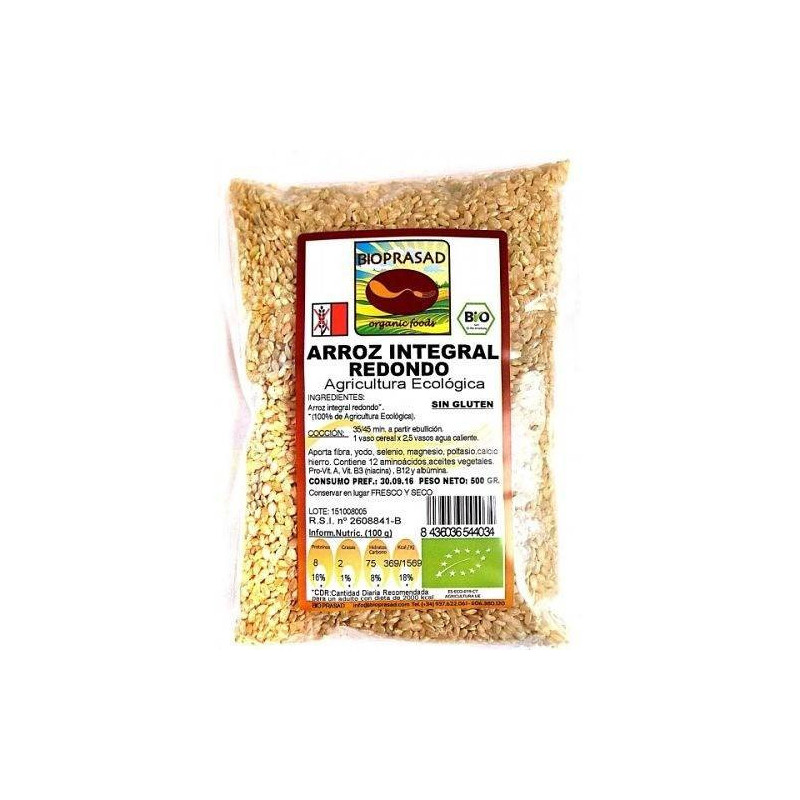 Arroz Integral Redondo Bio 1 kg Sin Gluten y Sin Lactosa Bioprasad