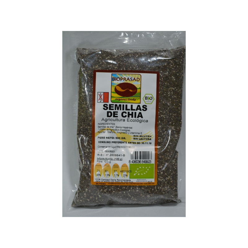 Semillas de Chia Bio 500 gr Sin Gluten y Sin Lactosa Bioprasad