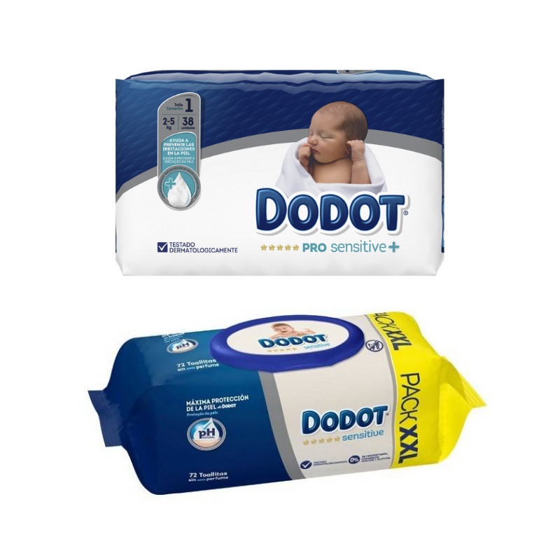 Pack Pañales Dodot ProSensitive Talla 1 (2-5kg) 38 Uds + Toallitas Sensitive 72 Uds