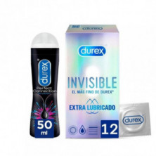 Pack Preservativos Invisibles Extra Lubricados 12uds + Lubricante Perfect Connection 50ml Durex