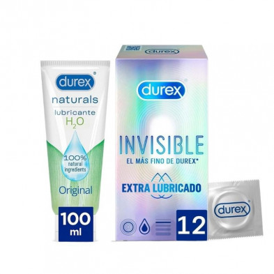 Pack Preservativos Invisible Extra Lubricado 12uds + Lubricante Naturals 100 ml Durex