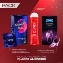 Pack Lubricante Sabor y Aroma Fresa +  Anillo Vibrador Intense Orgasmic Diablillo +  Preservativos Mutual Clímax Durex