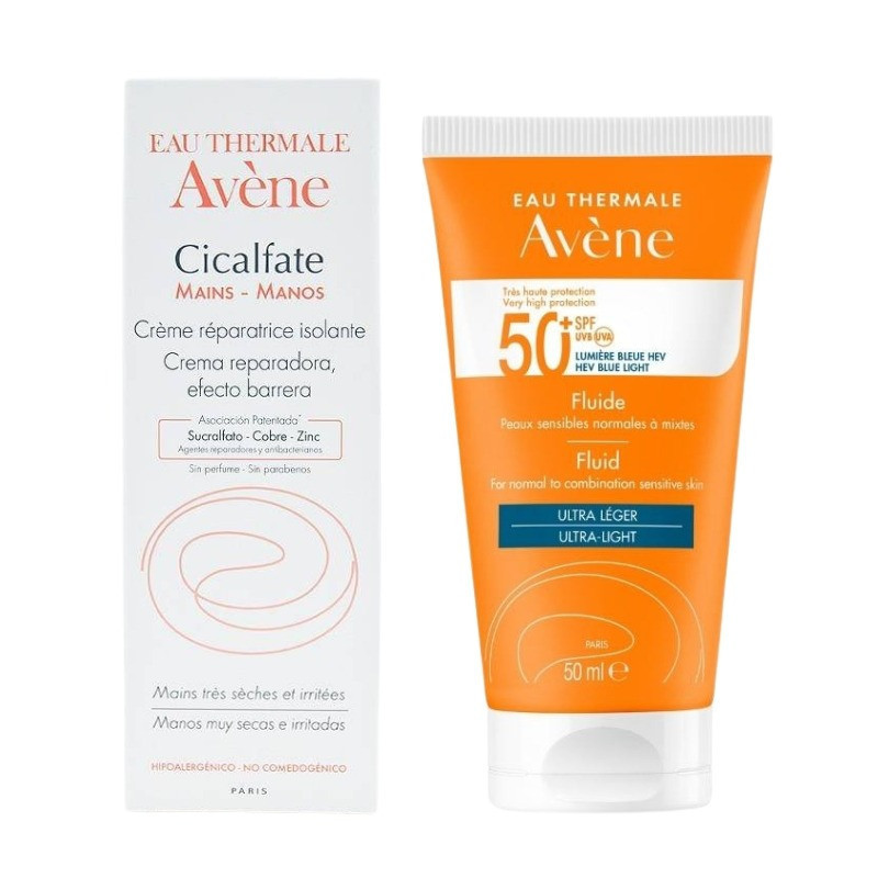 Pack Cicalfate Manos Crema Reparadora Efecto Barrera 100ml+ Solar Fluido Facial SPF50+ 50ml Avène