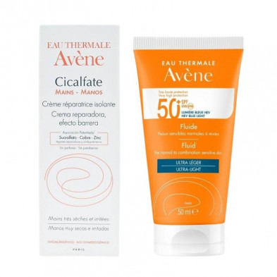 Pack Cicalfate Manos Crema Reparadora Efecto Barrera 100ml+ Solar Fluido Facial SPF50+ 50ml Avène