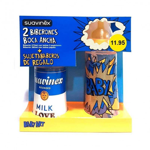 Suavinex Pack 2 Biberones Boca Ancha Látex + Sujetababero